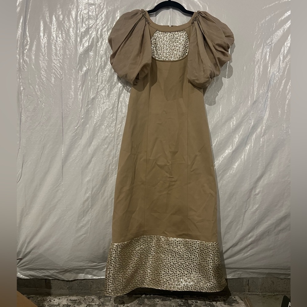 Mackage Collection Tan Puff Sleeve Polka Dot Midi Dress Size 8 US